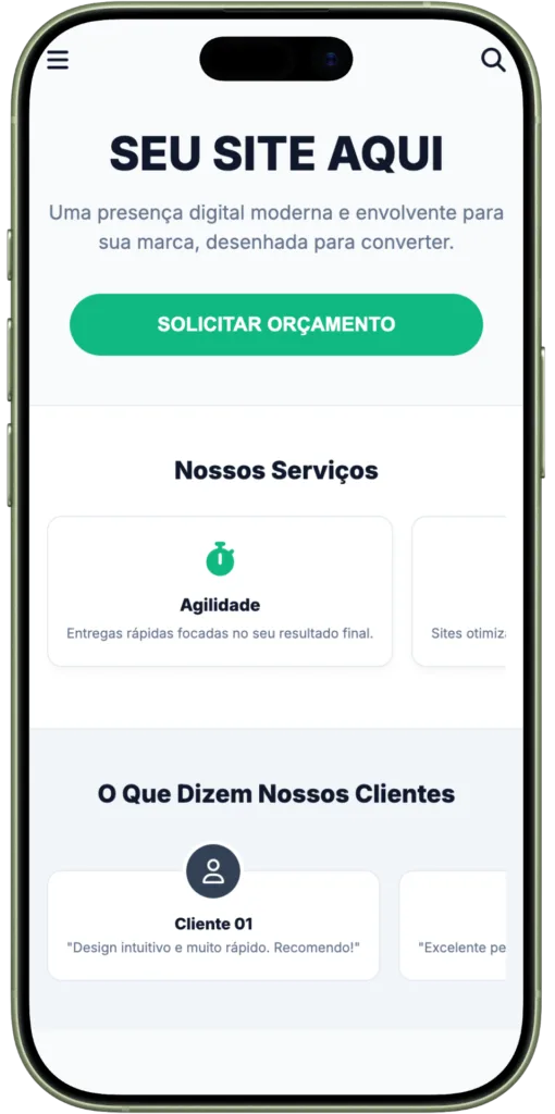 Um smartphone com um website aberto e escrito seu site aqui, uma presença digital moderna e envolvente para sua marca, desenhada para converter.