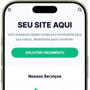 Um smartphone com um website aberto e escrito seu site aqui, uma presença digital moderna e envolvente para sua marca, desenhada para converter.